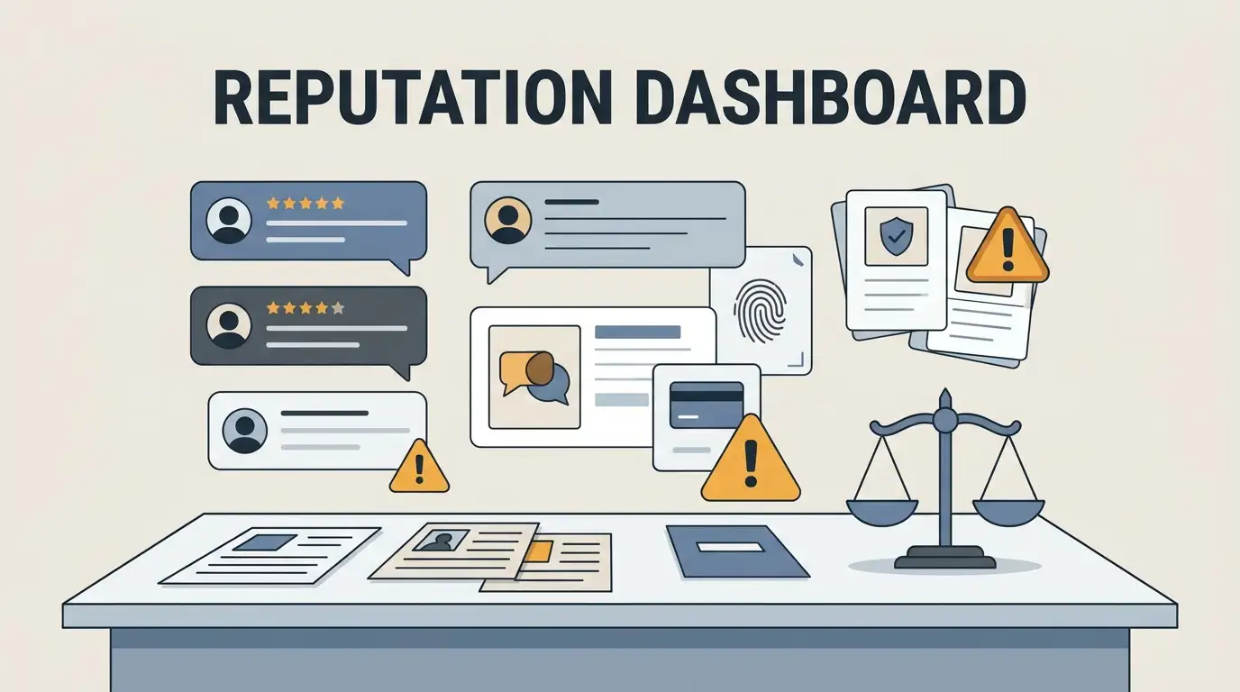 Illustration of a reputation dashboard with review signals and checklist cards